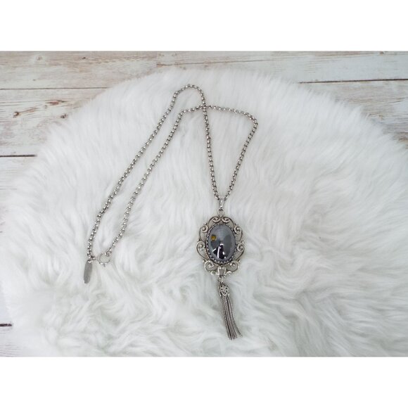 Vintage Whiting & Davis Silver Tone Black Cabochon Pendant Necklace - Picture 3 of 10